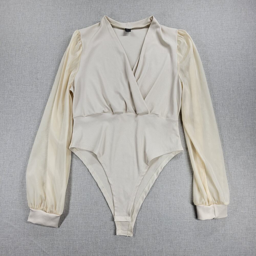 SHEIN Womens Bodysuit XL Cream Mesh Contrast Textured Ribbed Puff Sleeve
